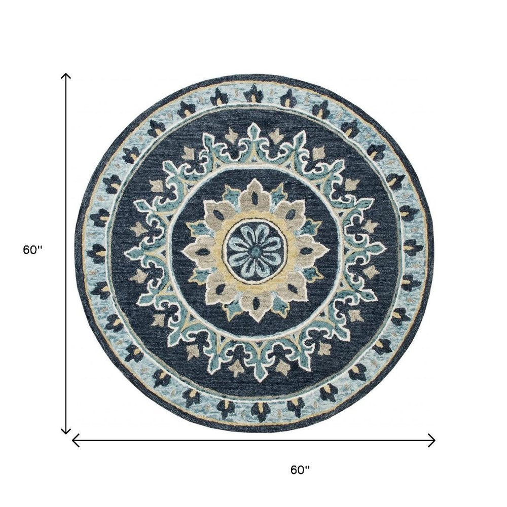 5' Round Blue Floral Medallion Area Rug