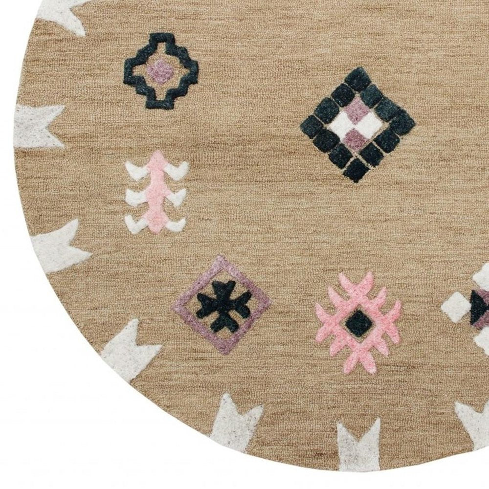 5' Taupe Round Wool Hand Hooked Handmade Area Rug