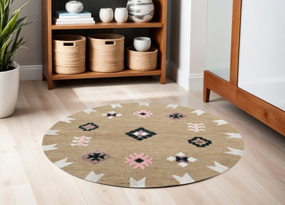 5' Taupe Round Wool Hand Hooked Handmade Area Rug