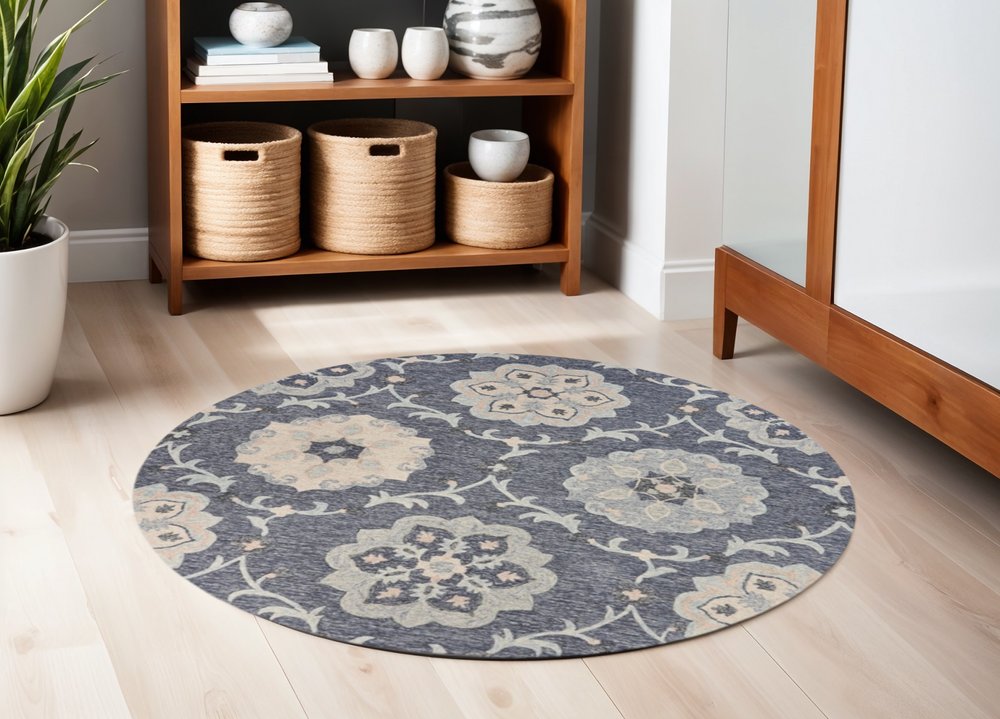 5' Blue And Gray Round Wool Hand Tufted Area Rug