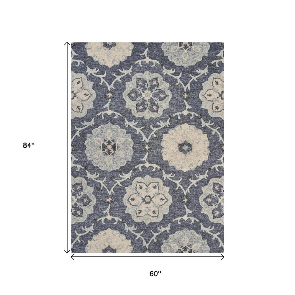 5' Blue And Gray Round Wool Hand Tufted Area Rug