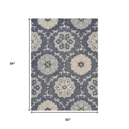 5' Blue And Gray Round Wool Hand Tufted Area Rug