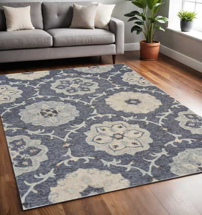 5' Blue And Gray Round Wool Hand Tufted Area Rug