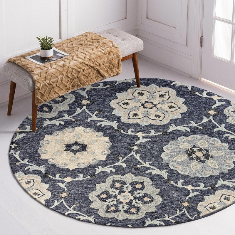 5' Blue And Gray Round Wool Hand Tufted Area Rug