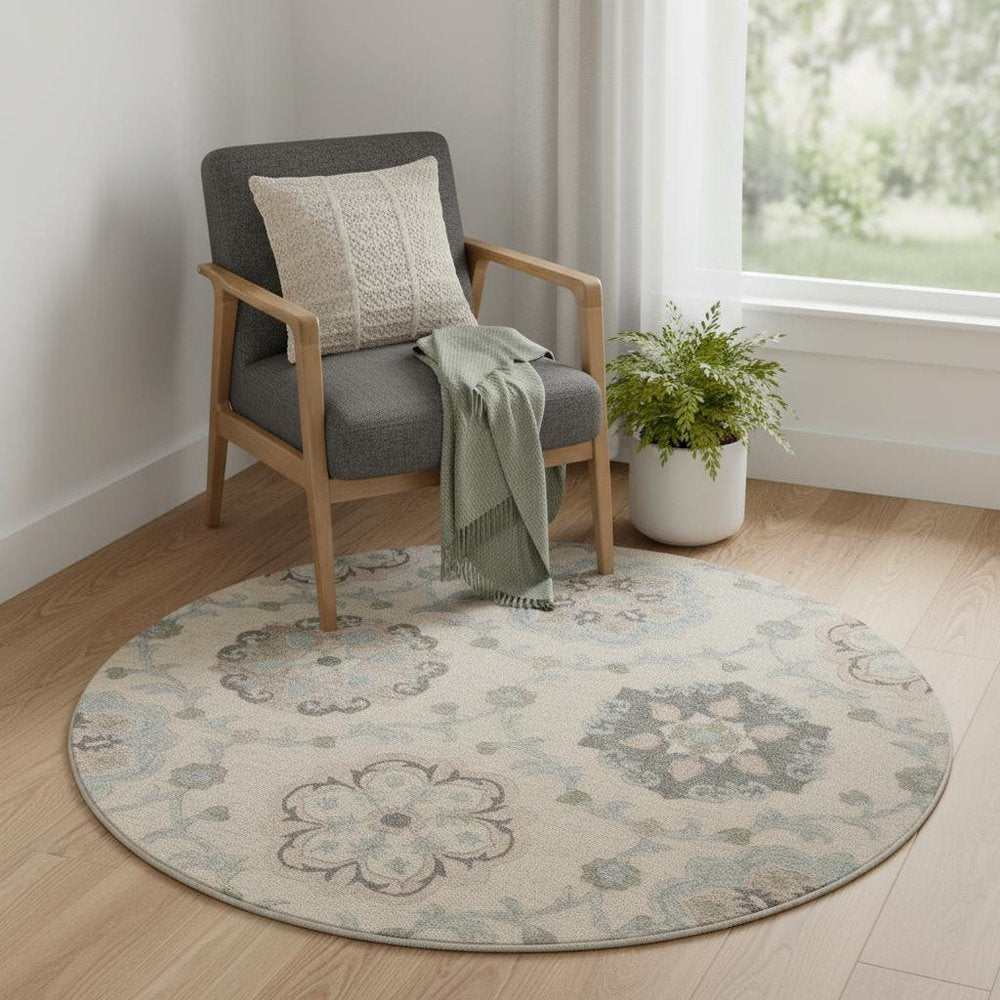 5' Blue And Ivory Round Wool Hand Tufted Area Rug