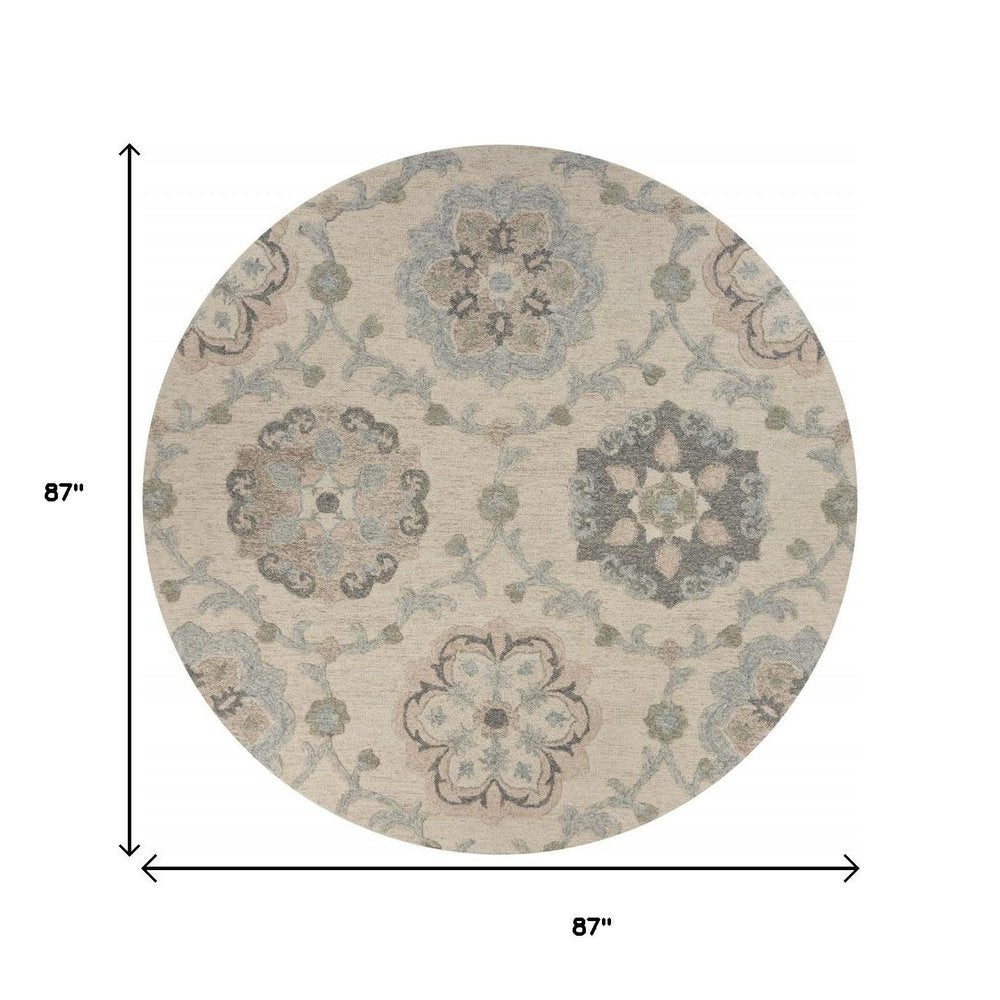 5' Blue And Ivory Round Wool Hand Tufted Area Rug