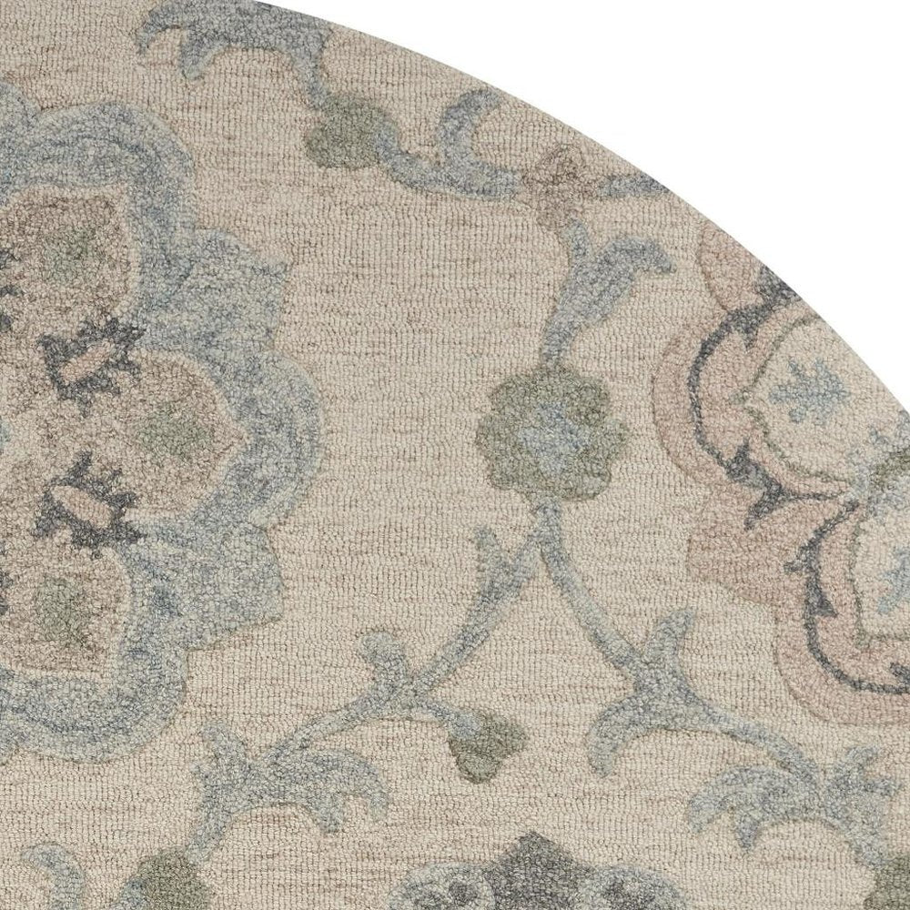 7' Ivory And Blue Wool Hand Tufted Round Rug