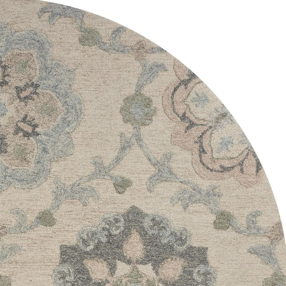 7' Ivory And Blue Wool Hand Tufted Round Rug