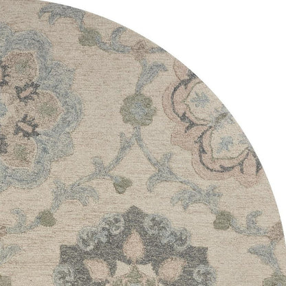 7' Ivory And Blue Wool Hand Tufted Round Rug