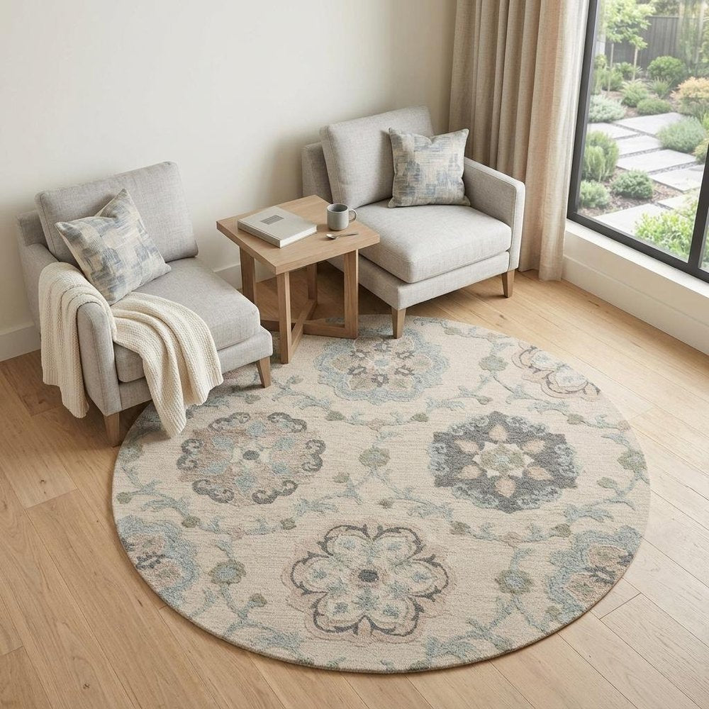 7' Ivory And Blue Wool Hand Tufted Round Rug