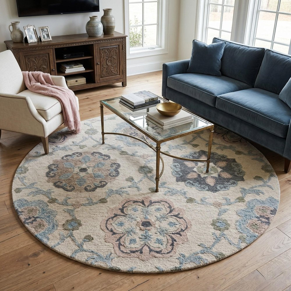 7' Ivory And Blue Wool Hand Tufted Round Rug