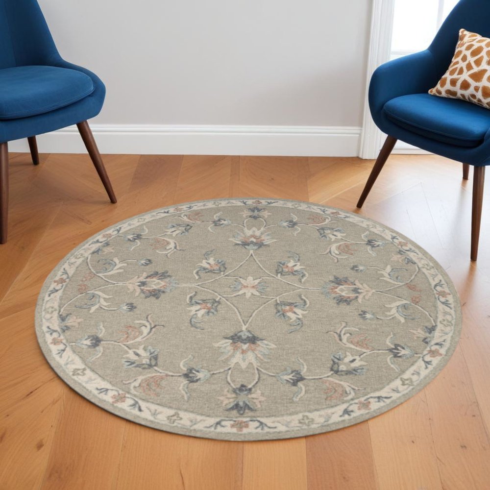 5' Gray Round Wool Hand Tufted Area Rug