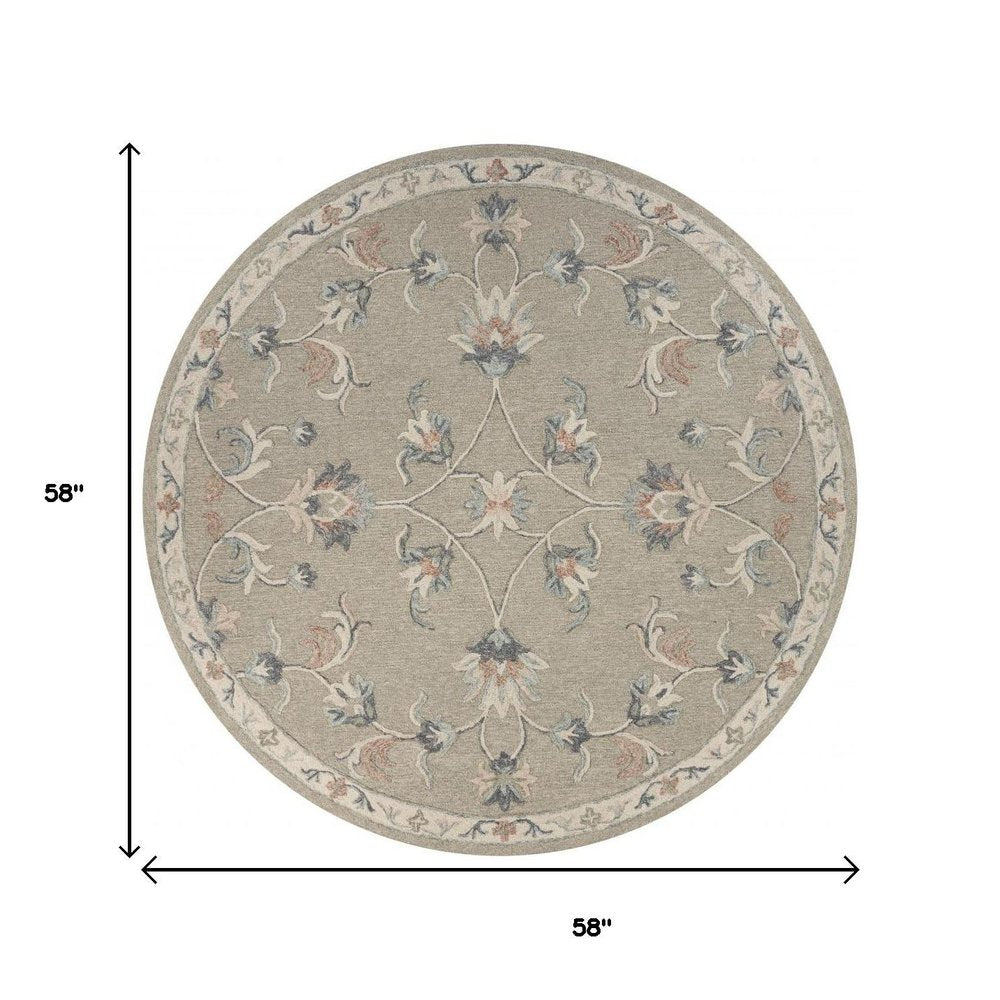 5' Gray Round Wool Hand Tufted Area Rug