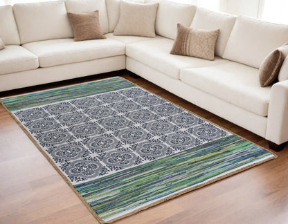 5' X 7' Blue and Green Chindi Area Rug