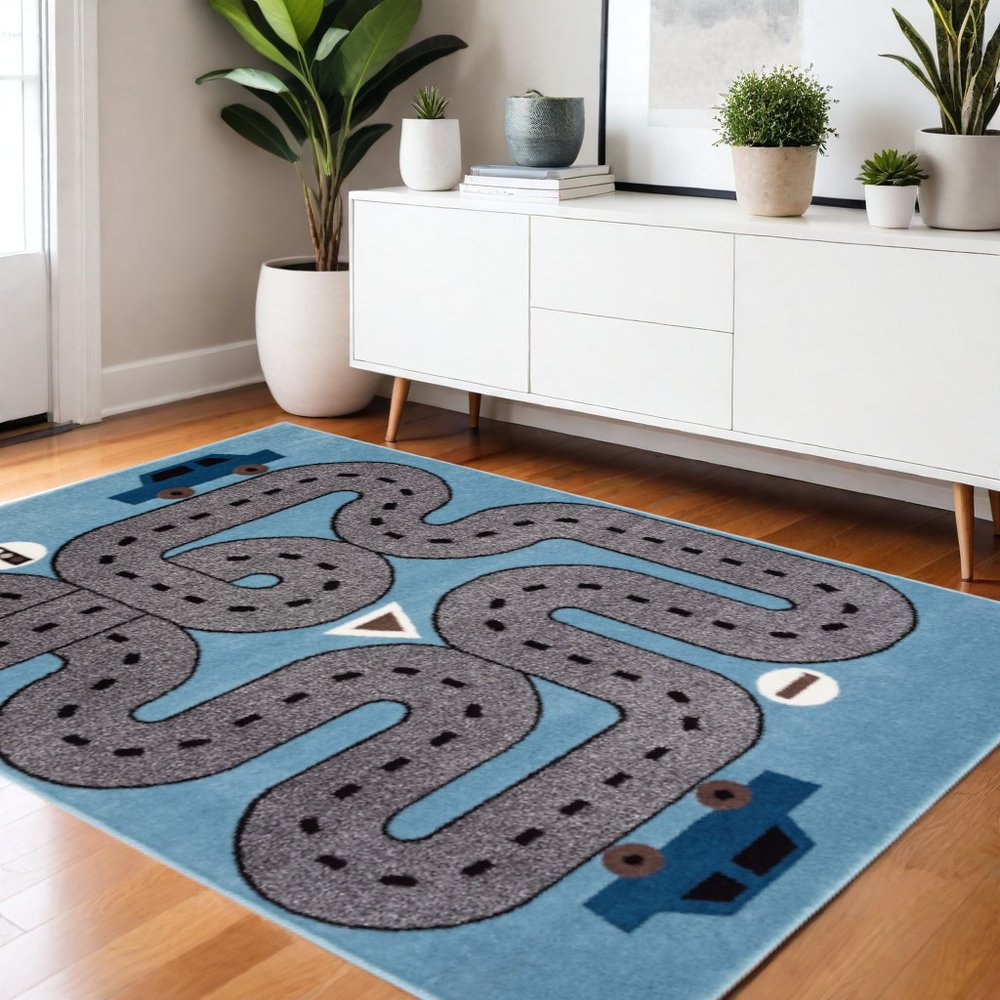 4' X 6' Blue Imaginative Racetrack Area Rug