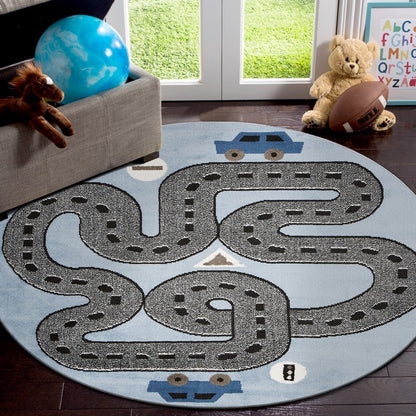 5' Round Blue Imaginative Racetrack Area Rug