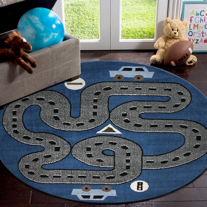 4' X 6' Navy Imaginative Racetrack Area Rug