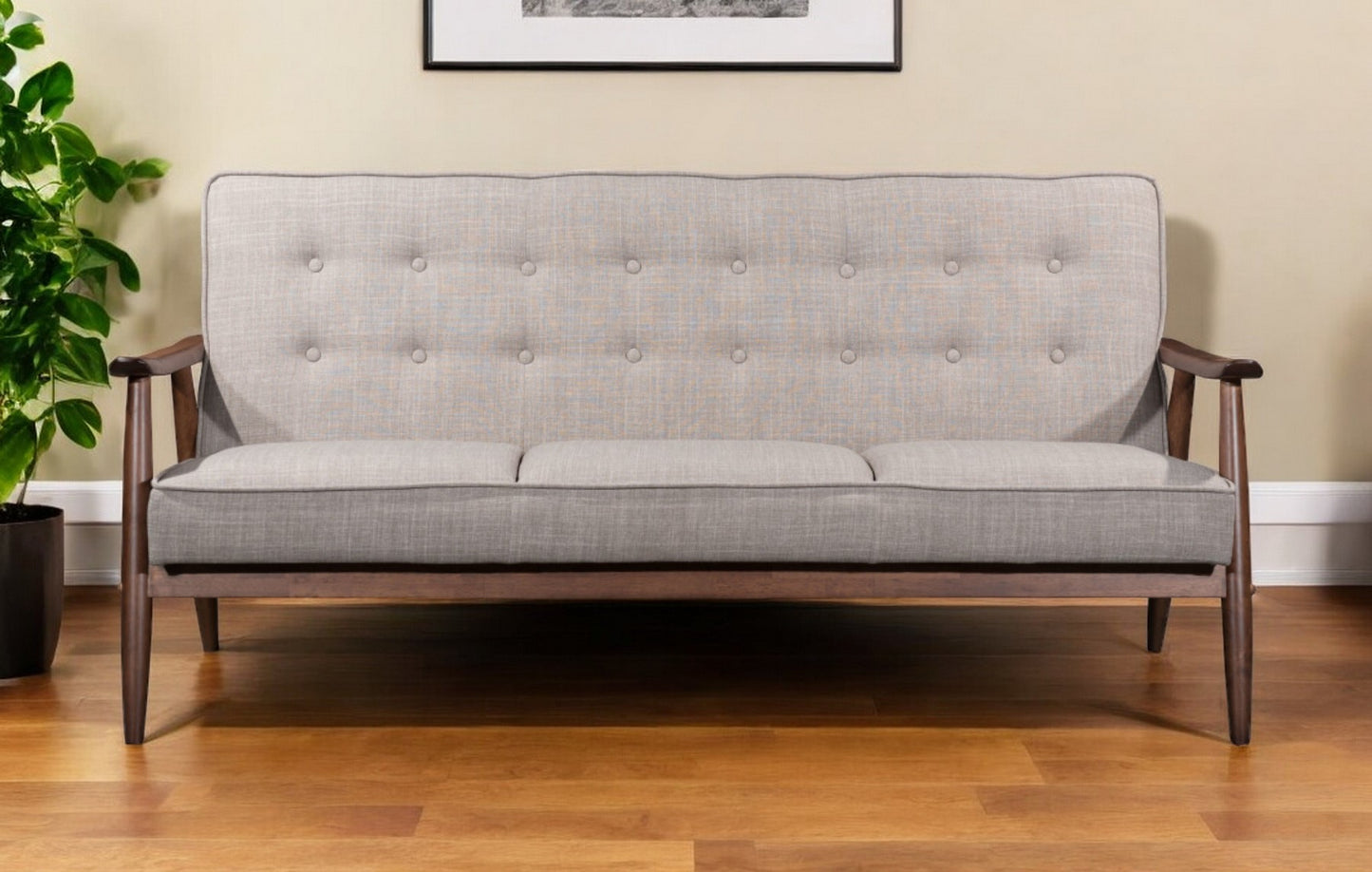 69" Beige Polyester Sofa With Brown Legs