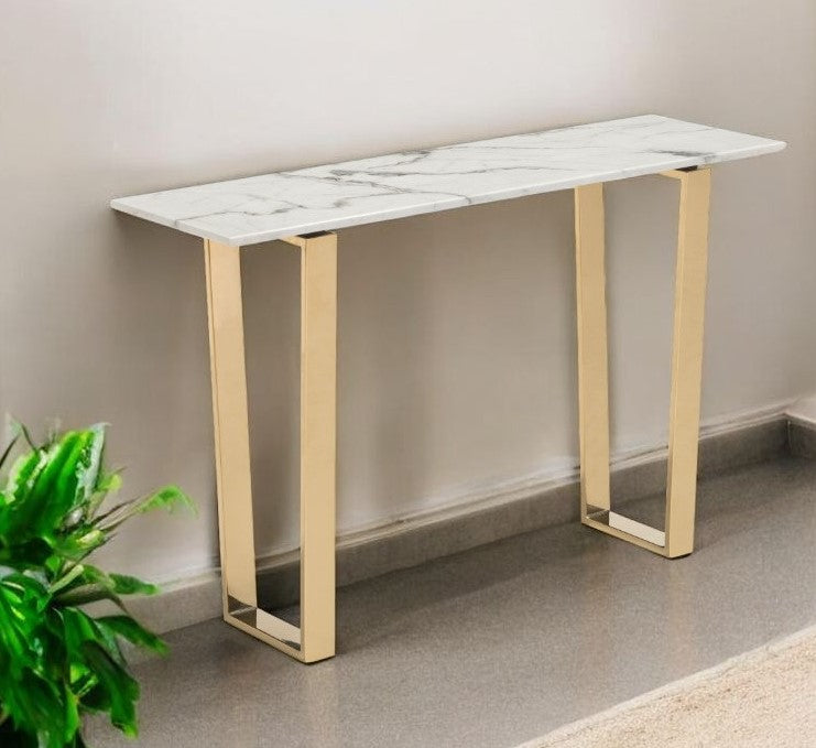 47" White and Gold Faux Marble Sled Console Table