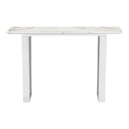 47" White and Silver Faux Marble Sled Console Table