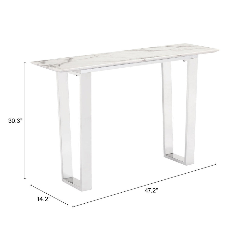 47" White and Silver Faux Marble Sled Console Table