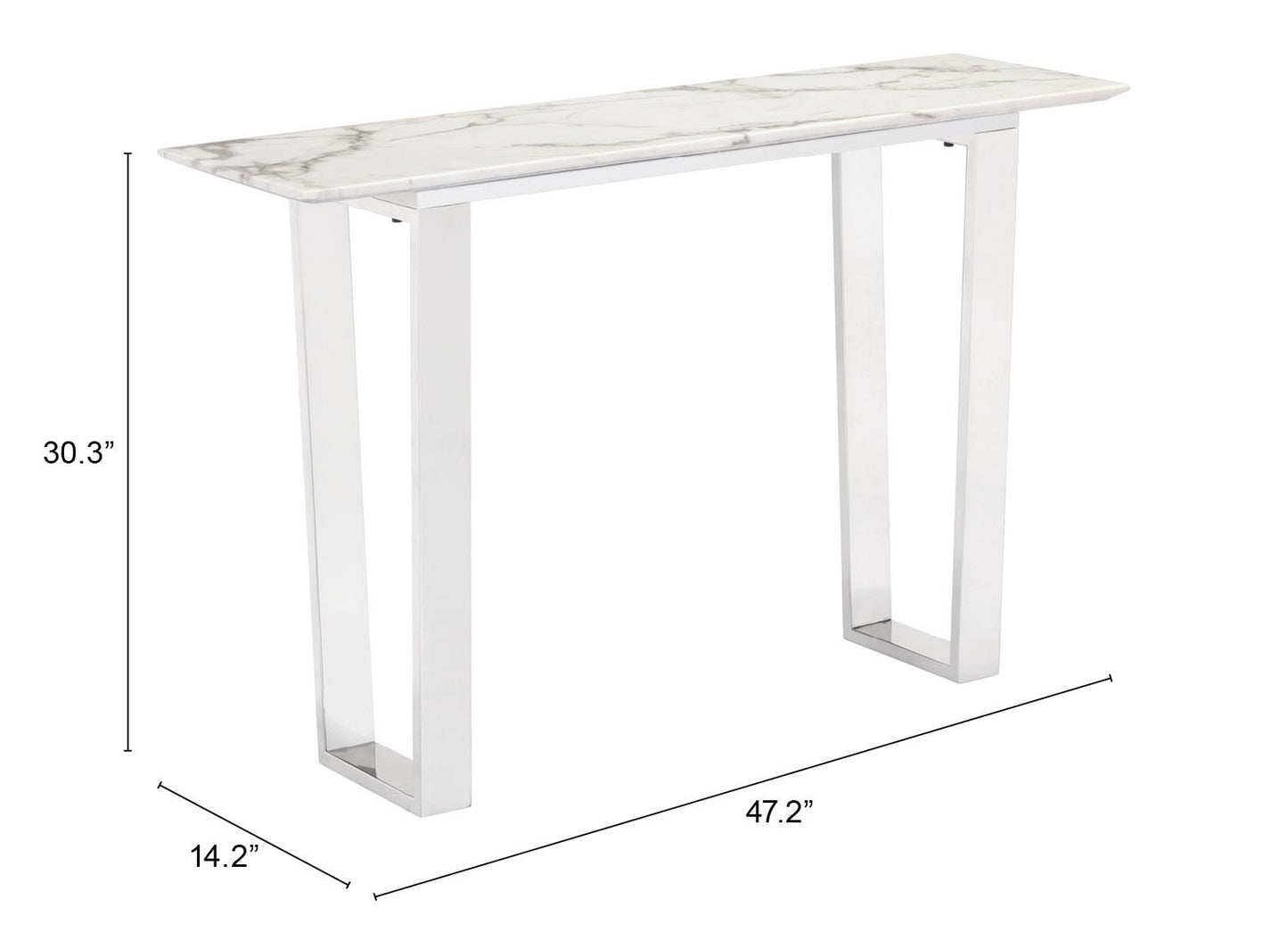 47" White and Silver Faux Marble Sled Console Table