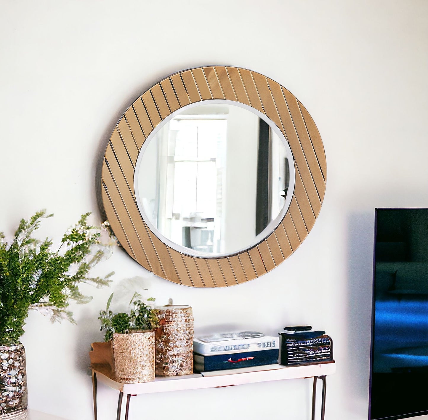 35" Gold Round Glass Framed Accent Mirror