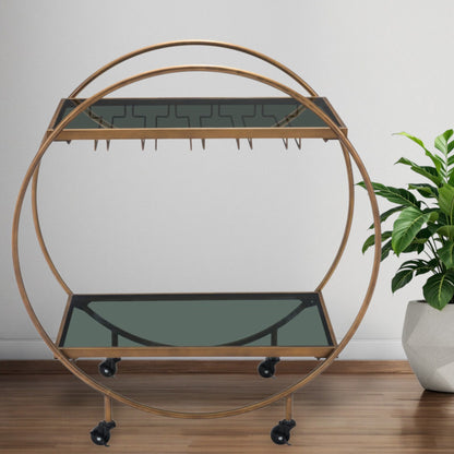 Black and Gold Steel And Mirrored Glass Rolling Bar Cart