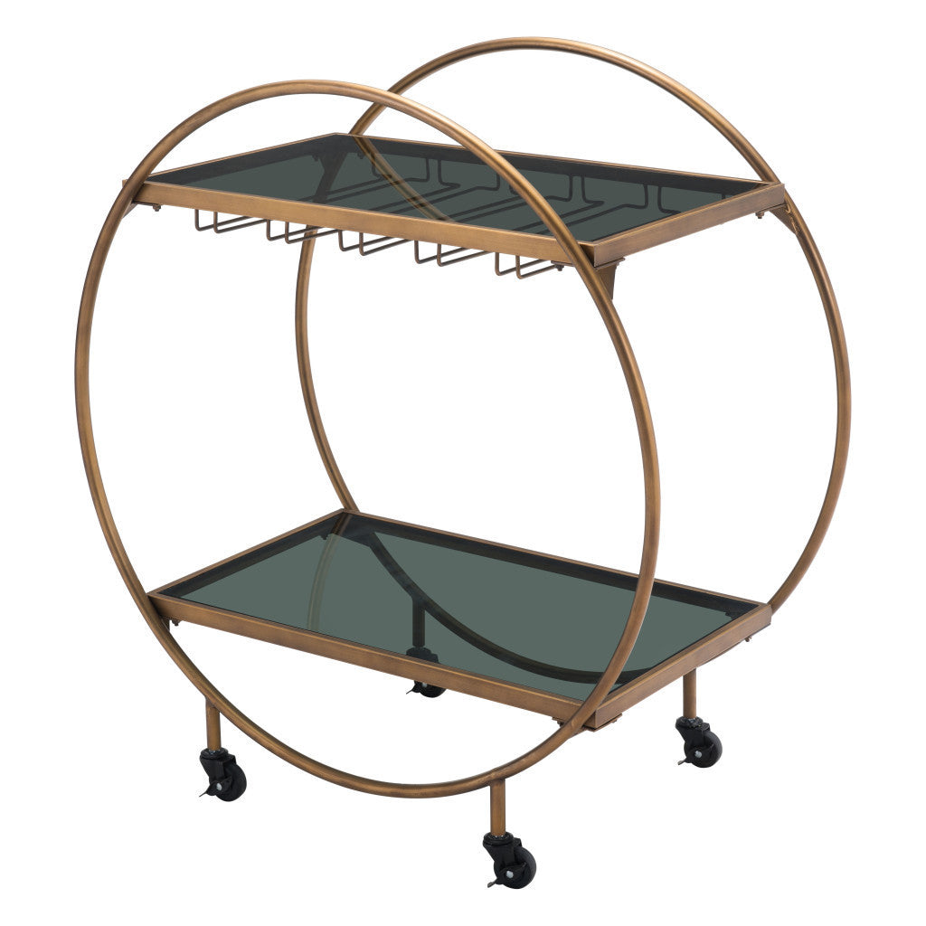 Black and Gold Steel And Mirrored Glass Rolling Bar Cart