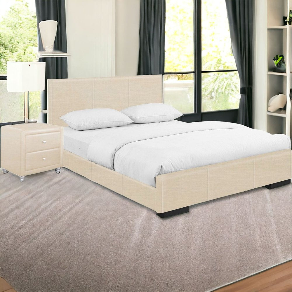 Beige Wood And Faux Leather Full Bed Frame