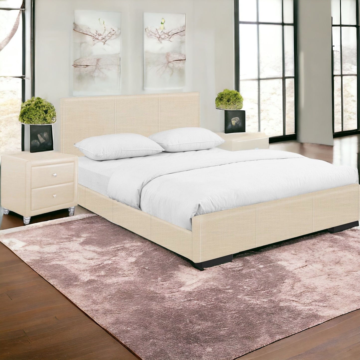 Beige Solid and Manufactured Wood Twin Upholstered Faux Leather Bed Frame