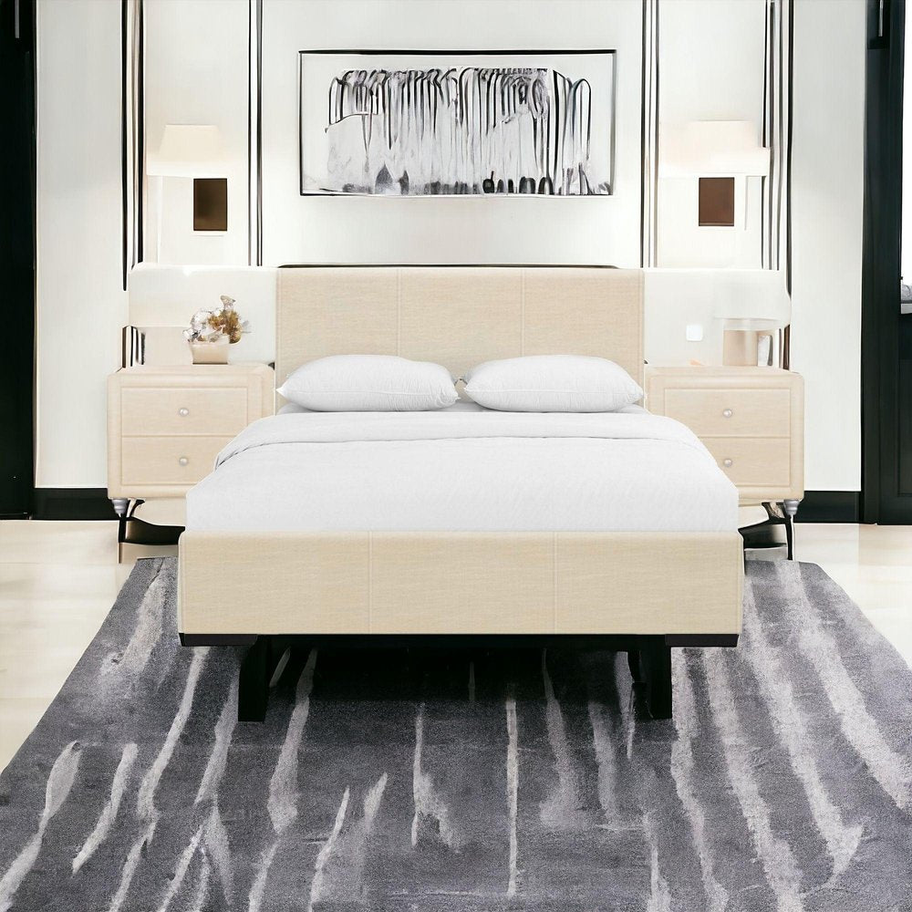 Beige Wood And Faux Leather Full Bed Frame