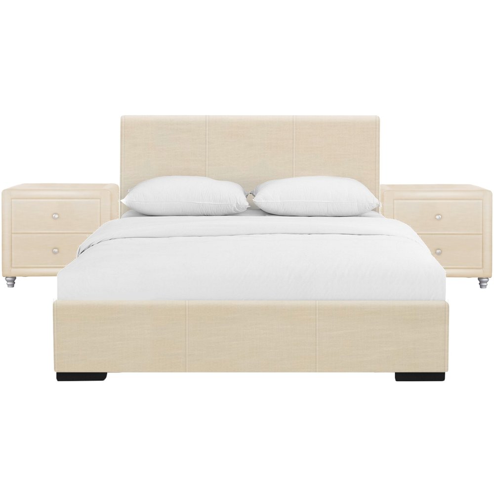 Beige Wood And Faux Leather Full Bed Frame
