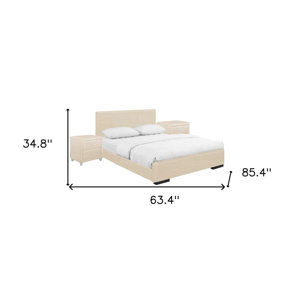 Beige Wood And Faux Leather Full Bed Frame