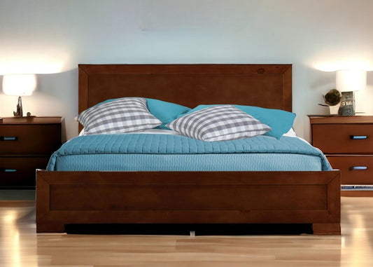 Brown Inlaid Panels Solid Wood Full Bed Frame