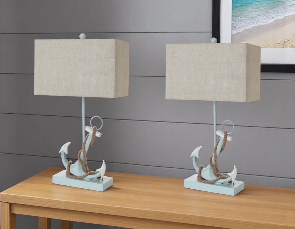 Set of Two 28" Blue Coastal Anchor Table Lamps With Beige Shade