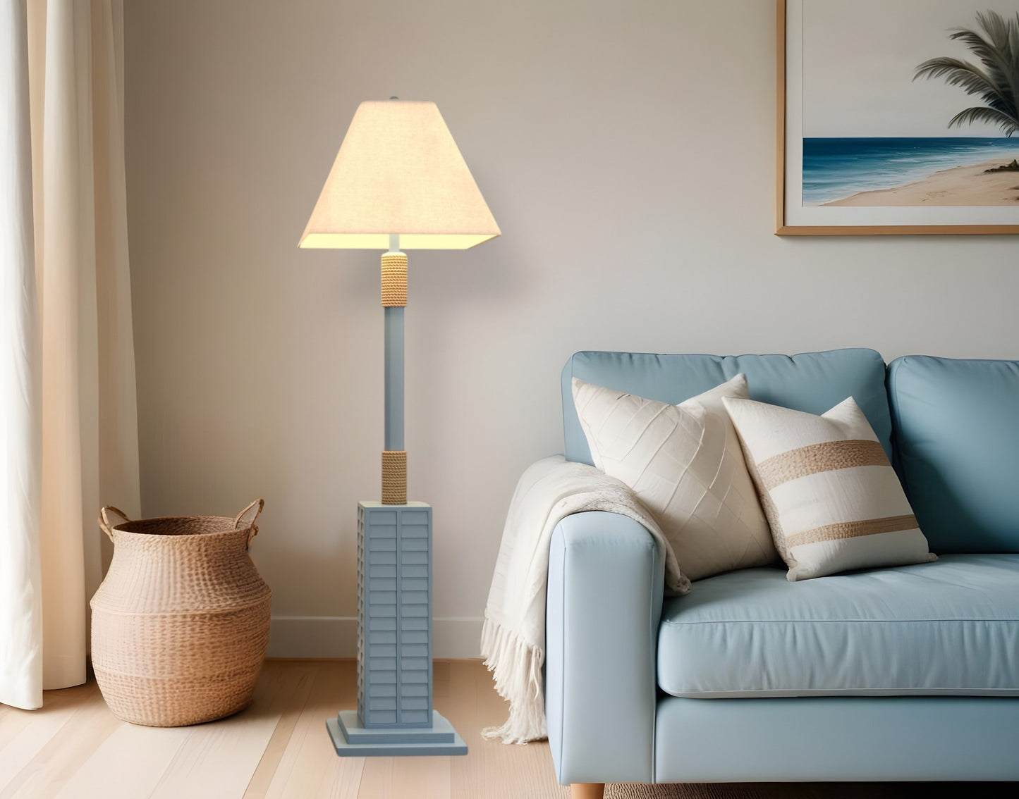 63" Blue Floor Lamp With Tan Linen Shade