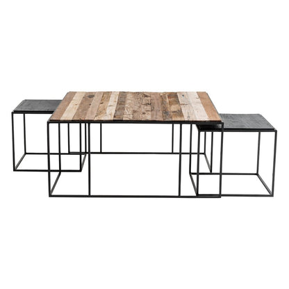 Set of Three 39" Brown And Black Solid Wood And Iron Square Nested Coffee Tables