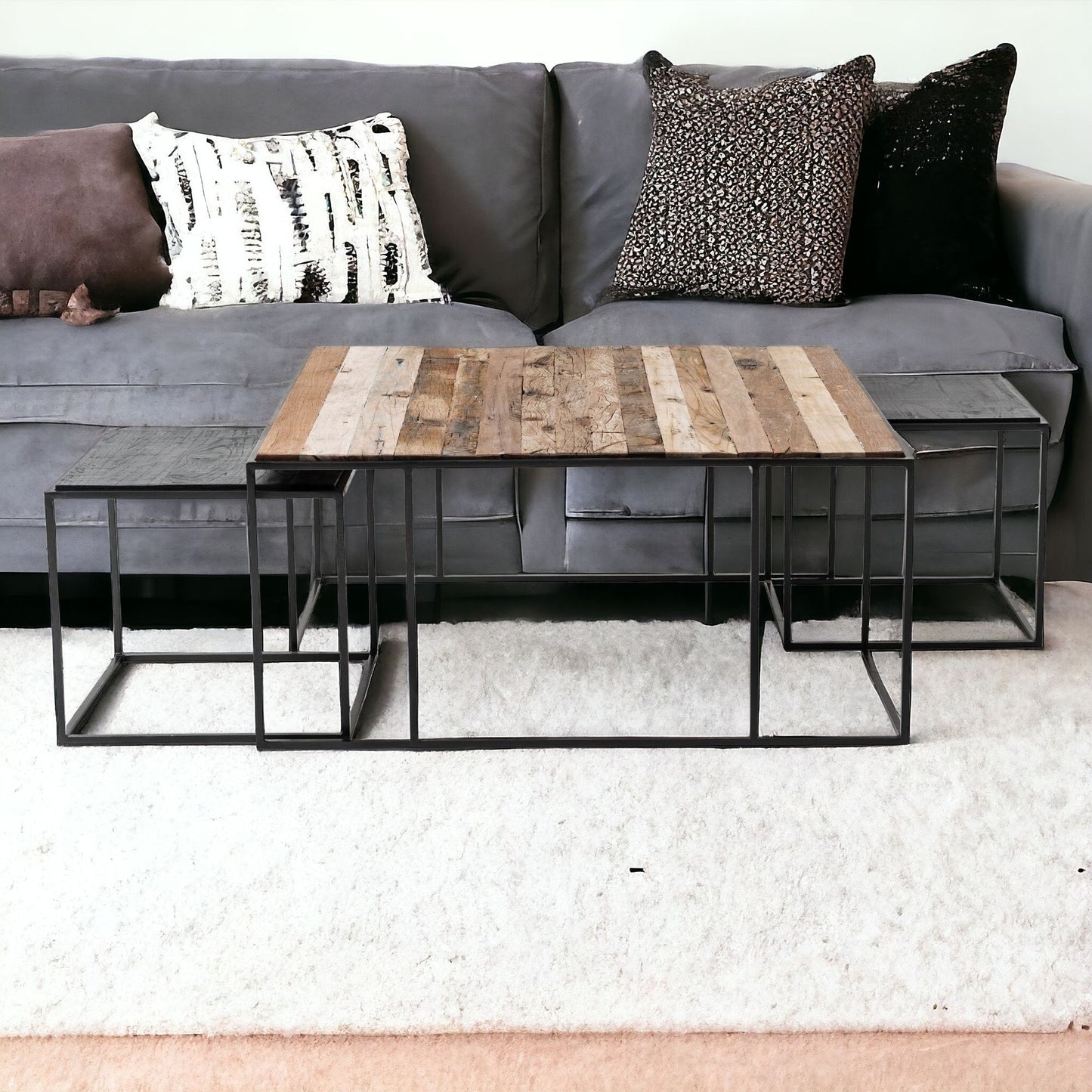 Set of Three 39" Brown And Black Solid Wood And Iron Square Nested Coffee Tables