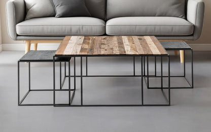 Set of Three 39" Brown And Black Solid Wood And Iron Square Nested Coffee Tables