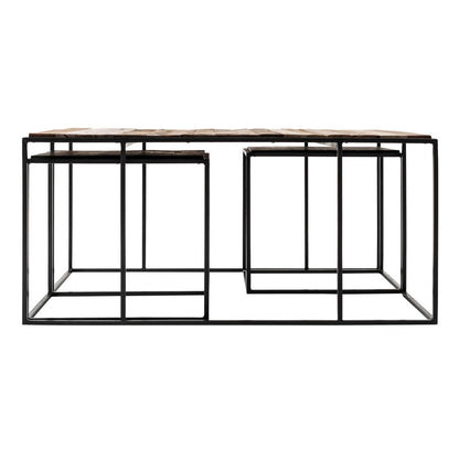 Set of Three 39" Brown And Black Solid Wood And Iron Square Nested Coffee Tables