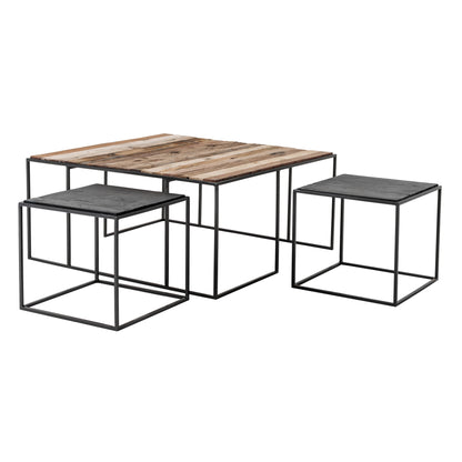 Set of Three 39" Brown And Black Solid Wood And Iron Square Nested Coffee Tables