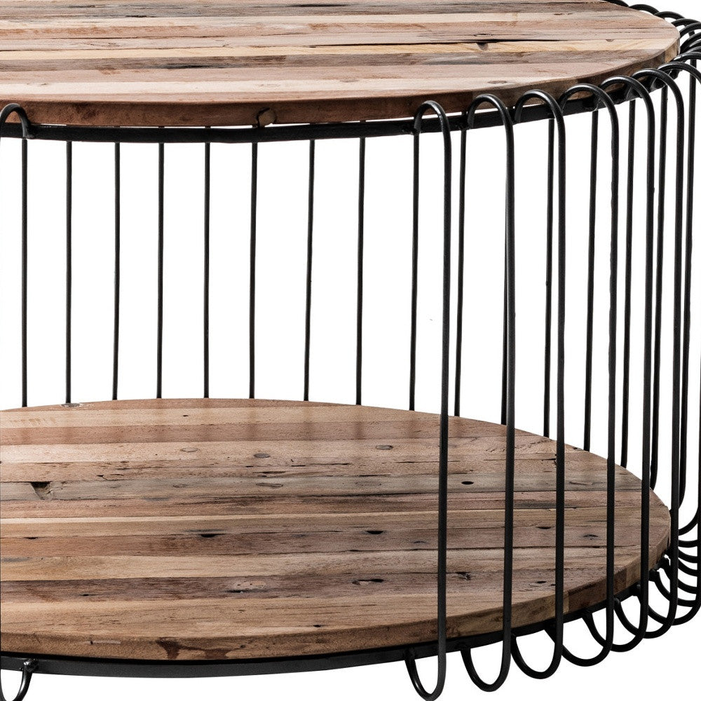 32" Natural And Black Solid Wood And Steel Round Coffee Table With Shelf