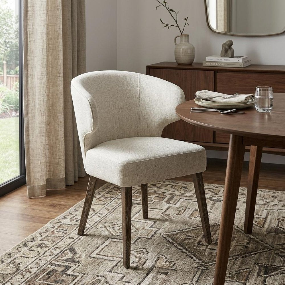 Ivory and Brown Mid Century Wingback Dining Chair