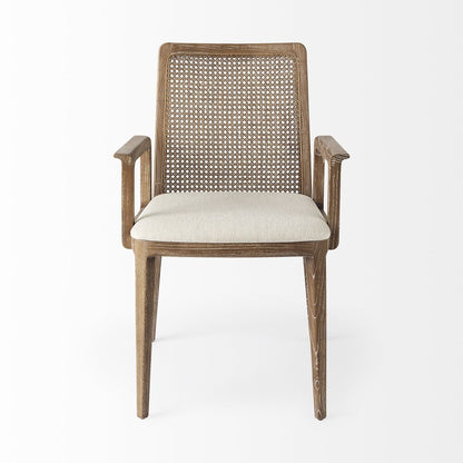 Cream And Brown Upholstered Fabric Dining Arm Chair