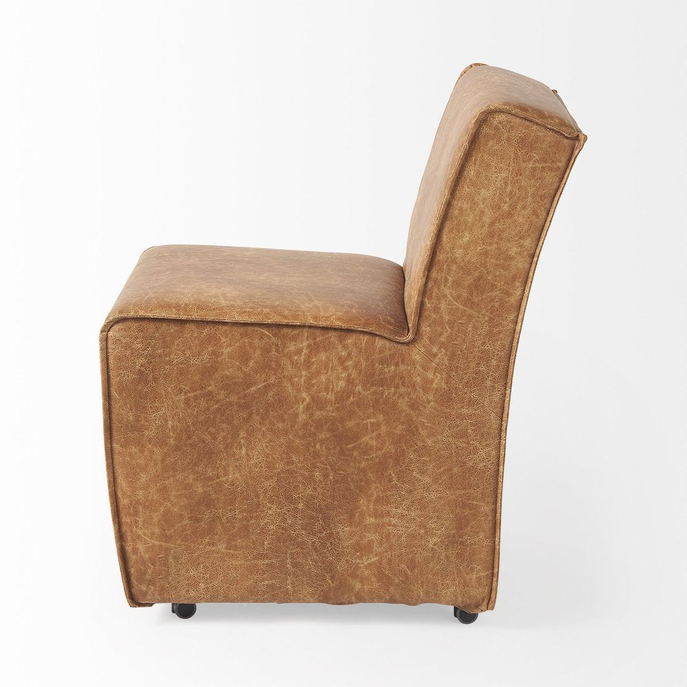 Set of Two Brown Upholstered Faux Leather Dining Side Chairs With Wheels
