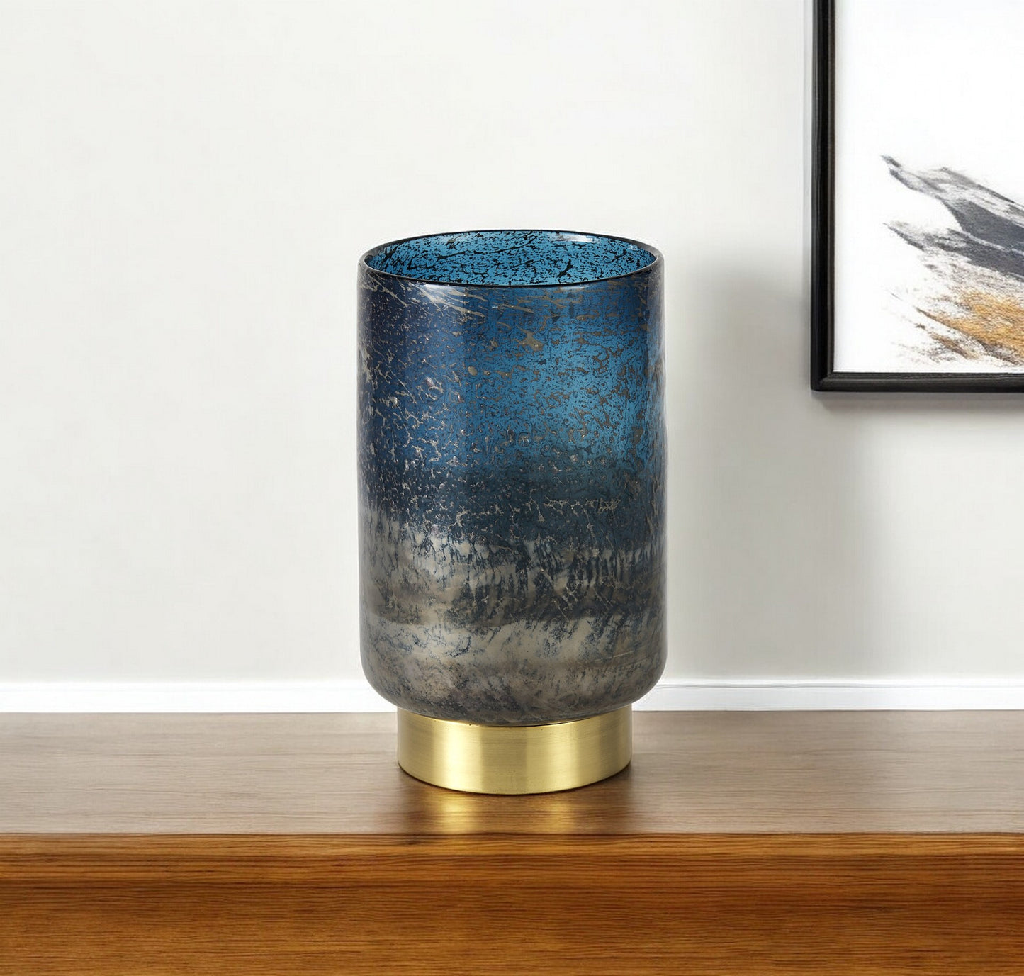 10" Blue And Gold Abstract Cylinder Crystal Glass Table Vase