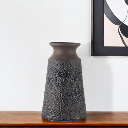 11" Brown and Blue Tribal Ceramic Vase
