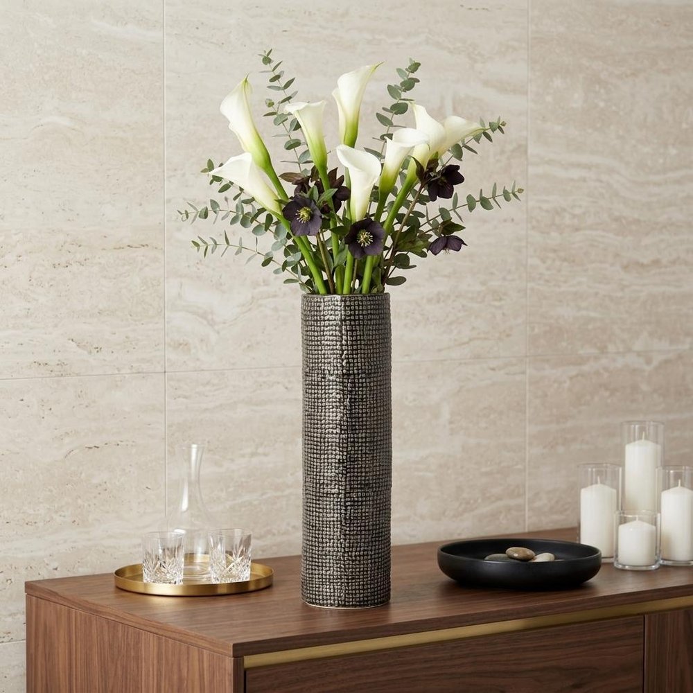 15" Black And Gold Abstract Cylinder Ceramic Table Vase