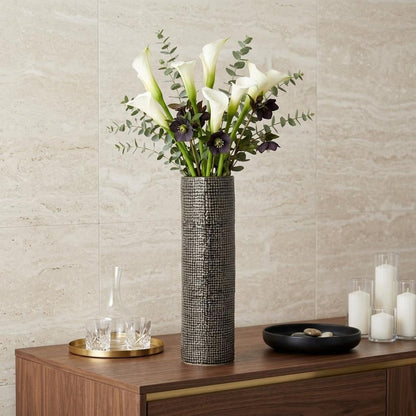 15" Black And Gold Abstract Cylinder Ceramic Table Vase
